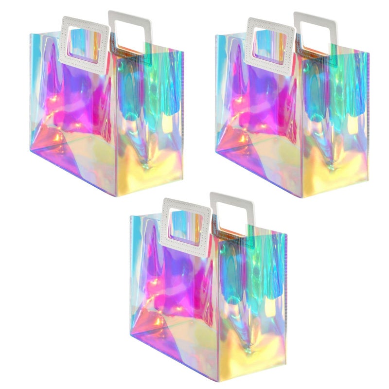 VUOJUR 3pcs Holographic Large Gift Bags 128x116x57 Clear Reusable Birthday Gift Bags for Women Girl Iridescent Christmas Gift Bags with Handle